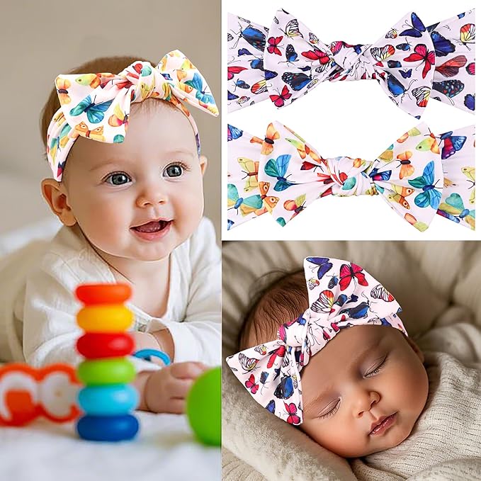 LemonSpce Handmade Baby Head wrap with Bows Stretchy Soft Infant Comfortable Baby Bow for Newborn girls and boys,Toddler-Trendy Designs,Butterfly Printed Hair Accessories