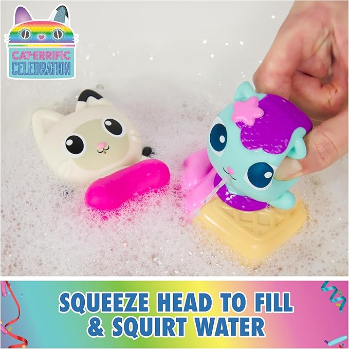 Gabby’s Dollhouse: Gabby Cat Bath Squirters, Mercat & Pandy Paws Floating Toddler Bath Toys for Girls & Boys Ages 3 and up