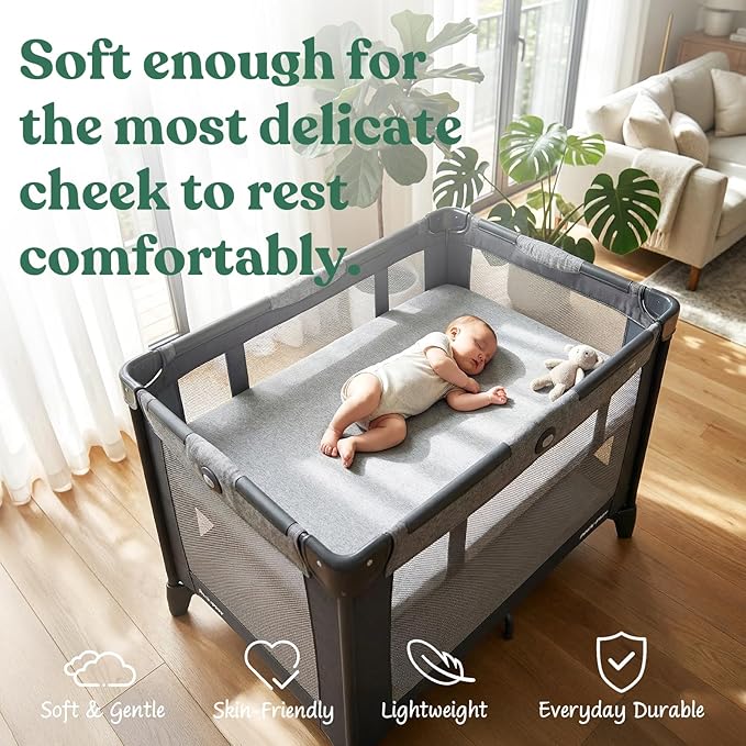 Graco Pack n Play Sheets, Soft Fitted Playard Sheets with Secure Fit, Fit Standard 27" × 39" Playard Mattresses, Breathable & Gentle on Sensitive Skin, 2-Pack (Navy & Grey)