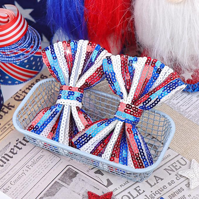 4th of July Bow Hair Clips for Girls Glitter Hair Accessories 5” Big Bows Hairpin Baby Barrettes Sequins Cheer Bows Red Blue Stripes 2 Pcs