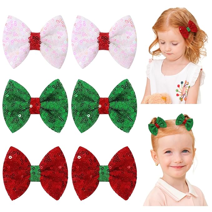 Choicbaby 6 PCS Baby Girls Christmas Hair Clips 3" Glitter Sequins Baby Hair Bows with Alligator Clips Christmas Girls Hair Bow Barrettes Accessories for Toddlers Kids Infant Teens