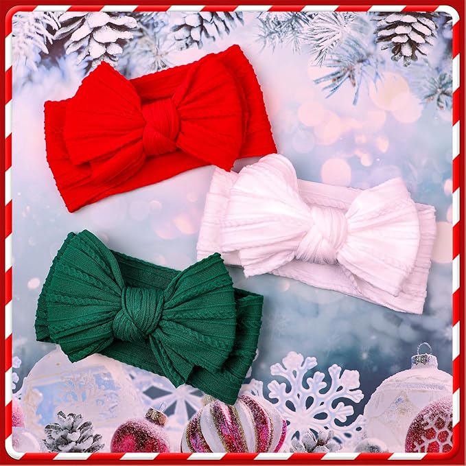 LemonSpace Handmade Baby Girls Headbands Soft Stretchy Nylon Hair Bands Hair Accessories with Bows for Newborn Baby Girls Infant Toddlers Kids (Red Green White-Merry Christmas)