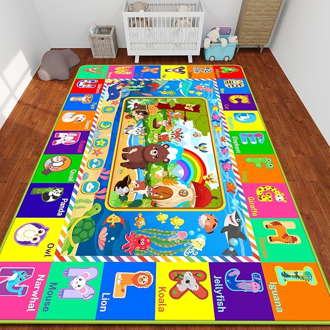Baby Play Mat for Floor, ABC Kids Rugs for Playroom, Forest Animals Kids Play Mat for Bedroom Classroom, Educational Rug for Baby Toddler Kid (Green, 110.2X78.7 INCH)