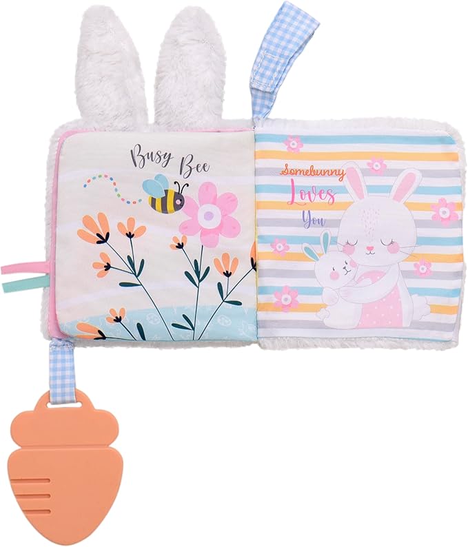 Soft Plush 5 inches Crinkle Activity Book with Teether, Satin Ribbons and Travel Strap, Hello Spring Embroidery, White Bunny, Easter