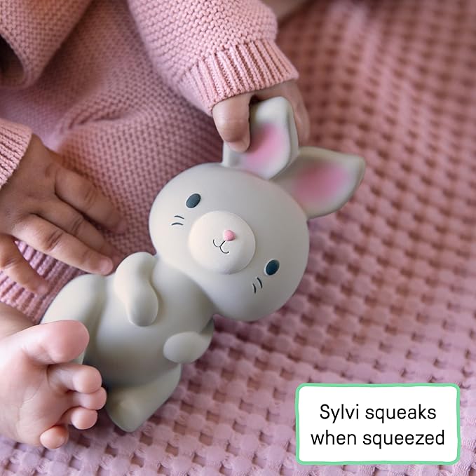 Sylvi Natural Rubber Baby Teether Toy, Rabbit Teething Toy for Sore Gums 0-6 Months, Soft Sensory Chew Toy Easy to Grasp for Infants 0+ Months, Gender Neutral