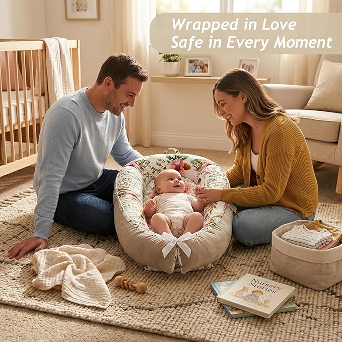 Baby Lounger for Newborn (0-24 Months)-100% Cotton Baby Nest Adjustable Size, 2-in-1 Play Mat & Diaper Changing Pad, Portable for Home&Travel, Infant Essentials Gifts(Grey-Edged Flower Bouquet)