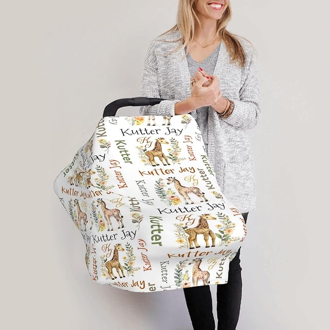 Personalized Giraffe Baby Car Seat Cover with Name,Multi-Use Canopy for Nursing, Strollers,Shopping Carts,Customized Breastfeeding Cover, Full Privacy,Infant Stroller Cover