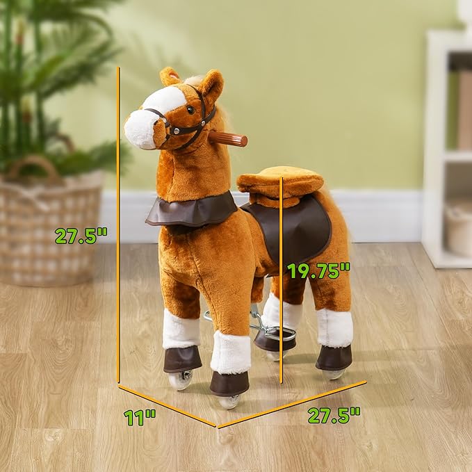 Qaba Ride on Horse, Walking Horse Toy, Kids Plush Riding Horse, Pony with Wheels & Neighing Sound for 3-5 Years Old up to 132 Pounds, Brown