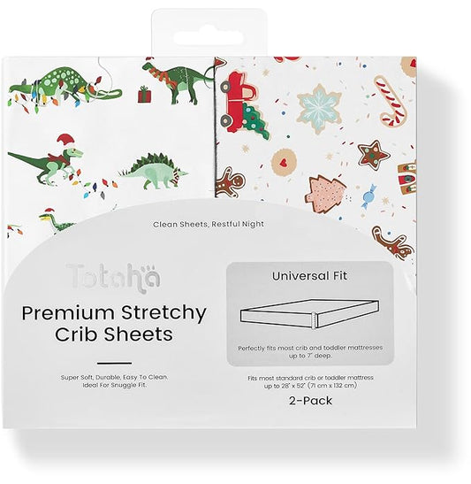 Premium Soft Christmas Crib Sheet Fitted, Super Stretchy Jersey Christmas Crib Sheets for Boys, Silky Comfort Crib Mattress Sheet 2 Pack, X-Mas Dinosaur & Christmas Deco