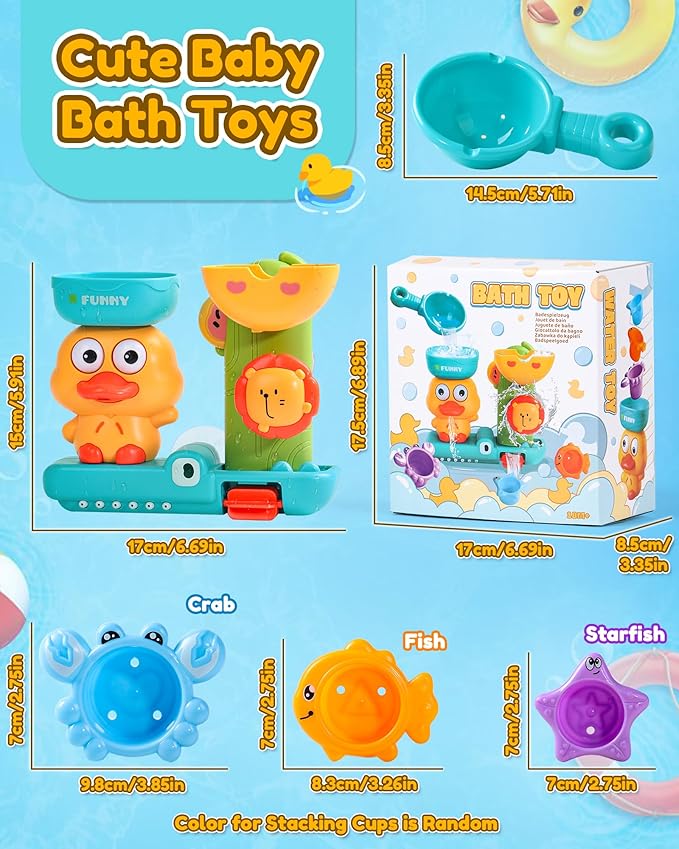 Baby Bath Toys for Kids Ages 1-3 2-4 Toddler Bathtub Water Toys with 3 Strong Suction Cups Battery-Free Duck Waterfall Sensory Shower Toys with Stacking Cups for 18+ Months Boys Girls Birthday Gifts
