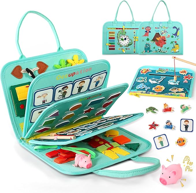 Toddler Busy Board for 1 Year Old, Montessori Toy Sensory Busy Book for Toddler 1-3 Fishing Game Life Skill, Learning Toy Car Ride Airplane Activities Travel Essential 2-4 Birthday Gift for Boy Girl