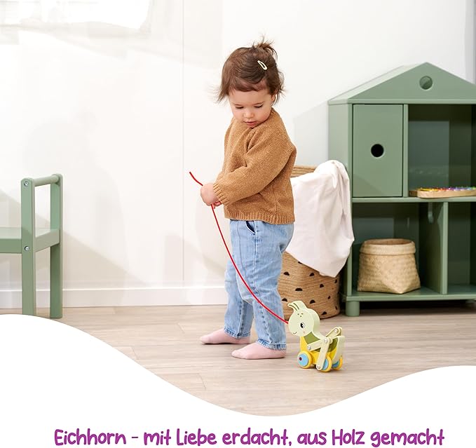 Eichhorn Pull Along Grasshopper with Movable Legs and Silent Silicone Wheels, Ideal First Steps Companion, 16 cm Long, Made from 100% FSC Certified Plywood, from 1 Year