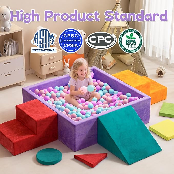 8-Piece Foam Climbing Blocks with Ball Pit for Toddlers 1-3, Soft Play Toddler Climbing Toys Indoor, Indoor Foam Blocks for Toddlers 1-3 Inside with Square Ball Pit, Steps, Triangle Ramp, Shape Mats B