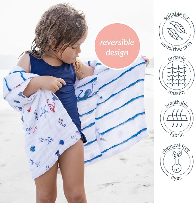Malabar Baby Organic Cotton Muslin Wearable Hooded Towel, Bath, Pool & Beach Cover-up for Size 7-8 Years - Under The Sea