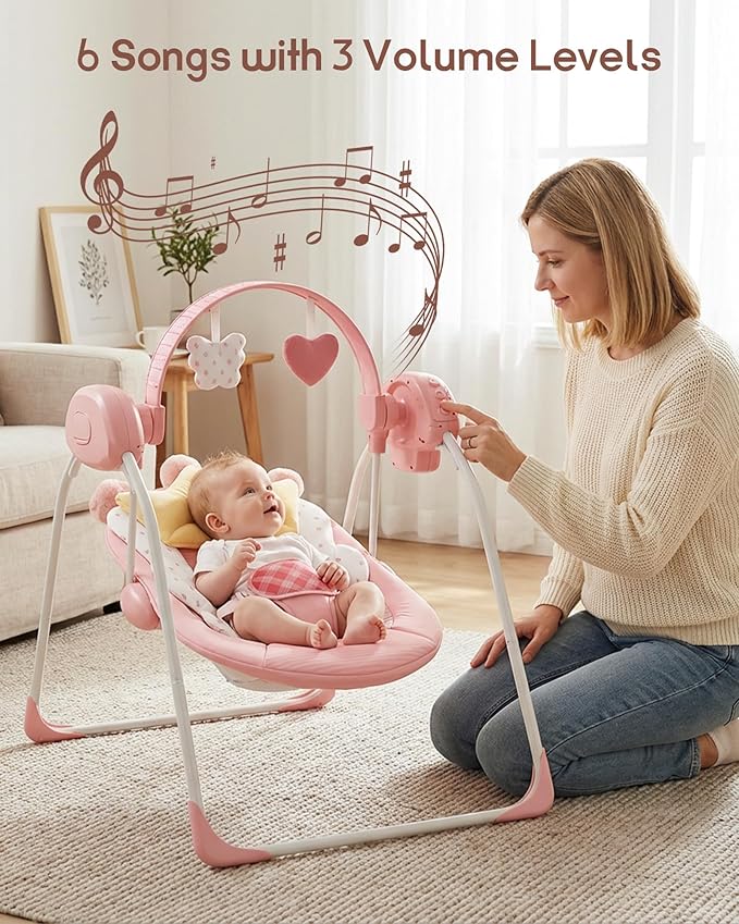 Baby Swings for Infants, Baby Girl Swing for Newborn, Portable Infant Swing with Music, Adaptable Speed, Timing, Soft Cushion, 0-9 Months 20 lbs(Pink)