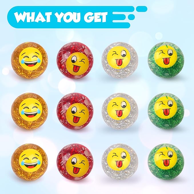 Emoji Water Filled Bouncy Balls - Rubber Balls for Kids Glitter Filled - 12 Pack Large High Bouncing Ball, Bounce Balls, Party Favors Balls