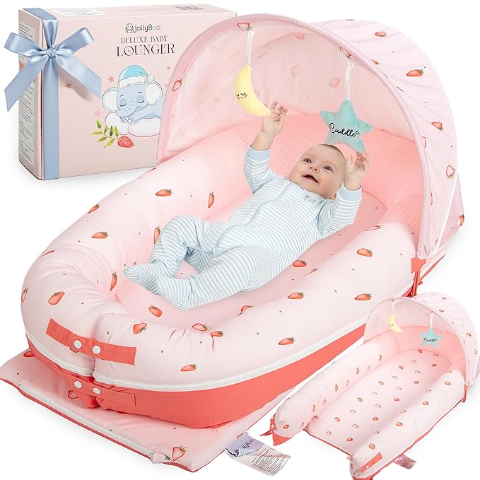 JollyBoo® Deluxe Infant Lounger Pillow - Baby Lounger 0-24 Months | Bamboo-Cotton Portable Baby Nest with Foldable Sunshade & 2 Plush Toys | Soft, Breathable Mesh for Cool, Safe Rest (Strawberry)