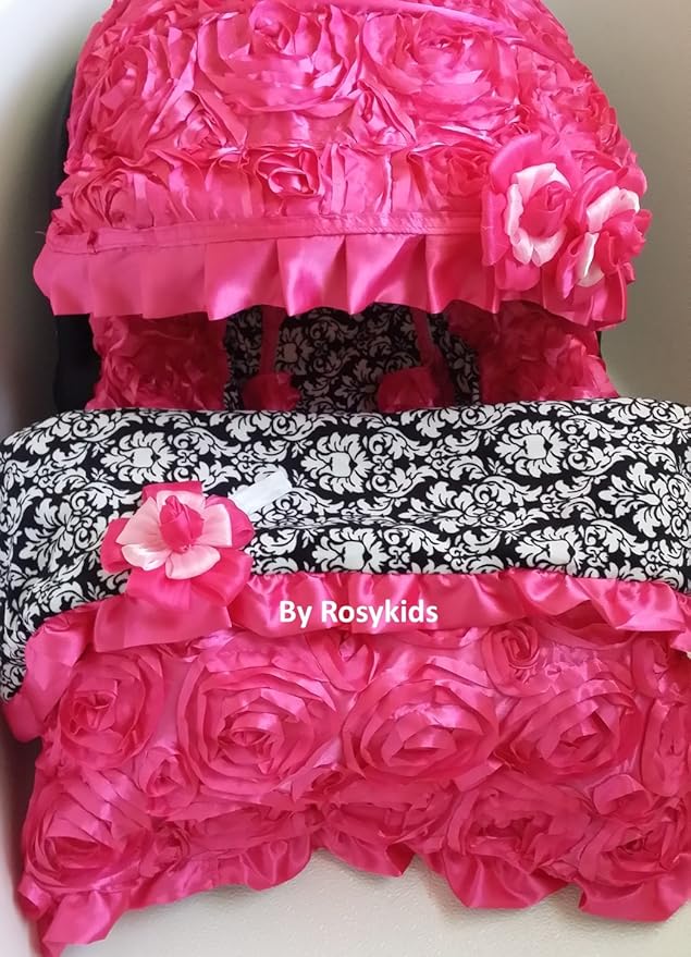 Infant Carseat Canopy Cover Blanket 4 Pc Whole Caboodle Baby Car Seat Cover Kit 3D Rosette Damask Fabric C020201