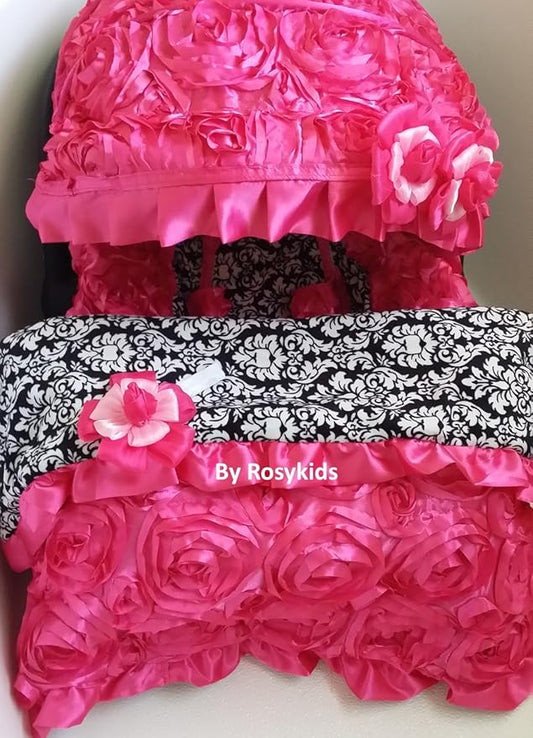 Infant Carseat Canopy Cover Blanket 4 Pc Whole Caboodle Baby Car Seat Cover Kit 3D Rosette Damask Fabric C020201