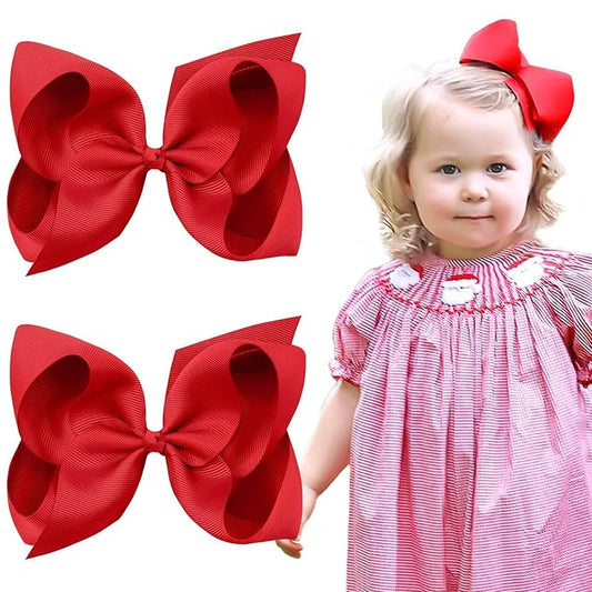 Oaoleer 2PCS 6inch Hair Bows Clips, Red Layered Grosgrain Ribbon Bows Hair Alligator Clips for Baby Girls Infants Toddlers Kids Teens Children