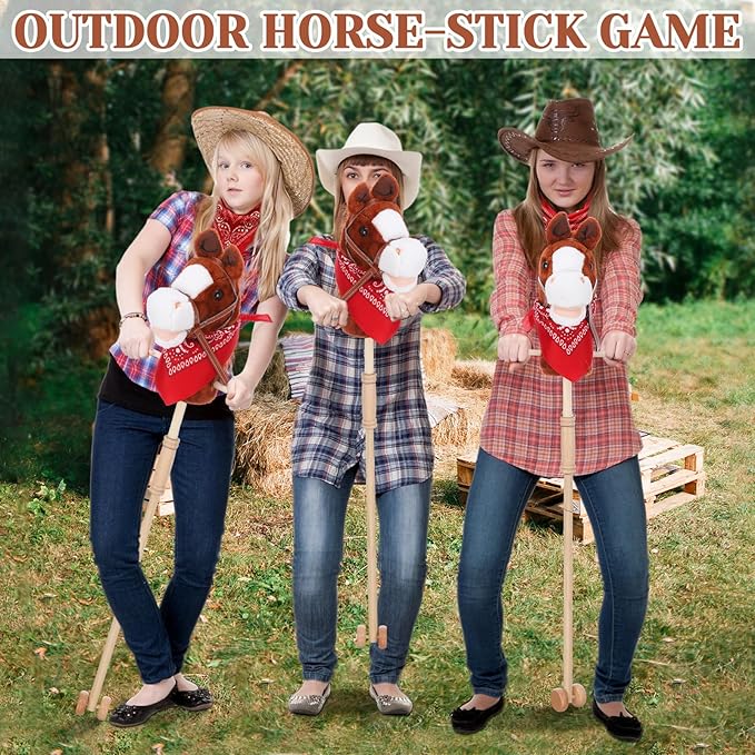 Poen 2 Sets Stick Horse with Red and Blue Bandana, Brown Horse on a Stick with Sound 27.6" Toys for Western Cowboy Theme Party Pretend Games