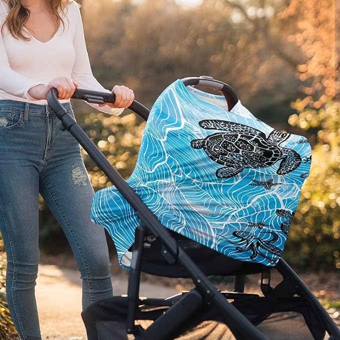 Sea Turle Car Seat Covers Multi-Use Nursing Cover for Baby Infant,Carseat Canopy,Soft Breastfeeding Covers Baby Nursing Cover Easy to Install