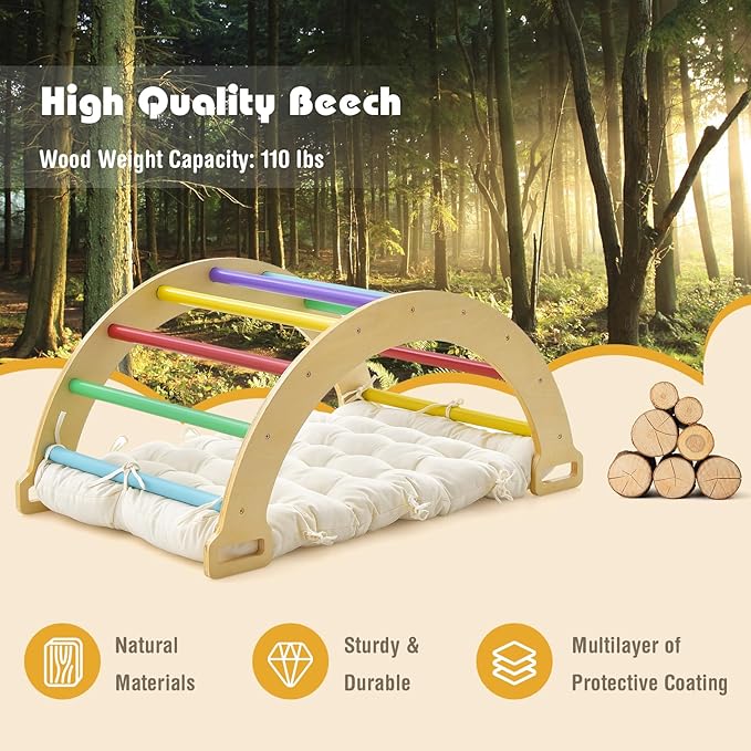 INFANS Wooden Arch Climber Rocker with Soft Cushion, 4 in 1 Montessori Climbing Ladder Toys for Toddlers, Waldorf Indoor Baby Children Ladder Gym Learning Playset Gift for Kids Boys Girls