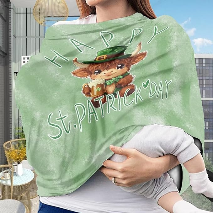 Wanyint Stretchy Baby Car Seat Cover Carseat Canopy for Babies Universal Baby Breastfeeding Stroller High Chair Shopping Cart Cover for Saint Patrick's Day Decor, Highland Cow Beer Green