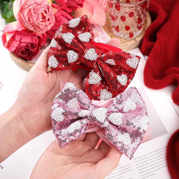 Heart Baby Bow Headbands Sequin Bows Red Pink Glitter Hair Bow for Girls Toddler Red Pink Baby Headband Bows 6-12 Months