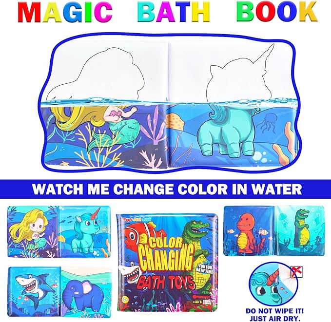 Color Changing No Hole Bath Toys for Toddlers Kids, Water Table Toys Rubber Animal with Bath Book for Bathtub Pool & Drying Bag(9 Packs)