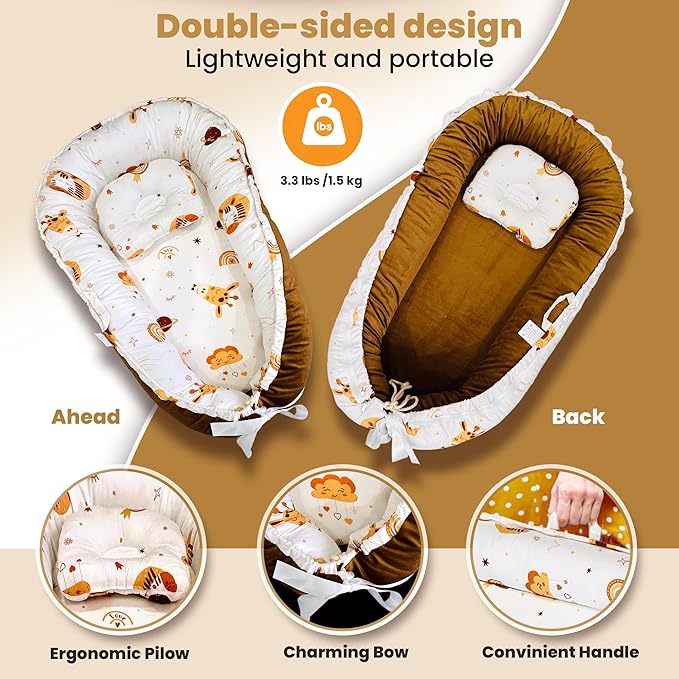 Baby Lounger for Newborn 0–24 Months – Soft Portable Baby Nest by DayTroche, Neutral Color, Cotton & Polyester, Breathable & Washable, Ideal for Baby Shower Gift