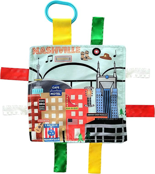 Baby Jack & Co 8x8” Learning Lovey Nashville Tennessee Tag Toys for Babies - Baby Crinkle Toys - Soft & Safe - Learn USA Cities and Shapes - Ideal Baby Toy & Gift BPA Free w/Stroller Clip