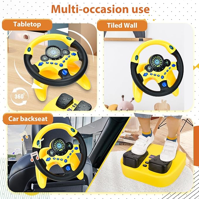 RedCrab Steering Wheels with Brake and Gas Pedals Toy for Kids,Simulated Driving for Toddlers with Light&Music, Pretend Driving Seat Toys, Baby Electric Early Learning Educational Toys (Yellow)
