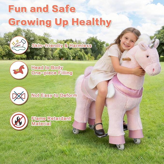 Ride on Unicorn Toys for Kids, Ride on Toy for Girls 4 to 9 Years Old, 36.6'' Height Riding Horse Rider Mechanical Walking Action Plush Animal, No Battery or Electricity, Max Load 165LBS - Pink
