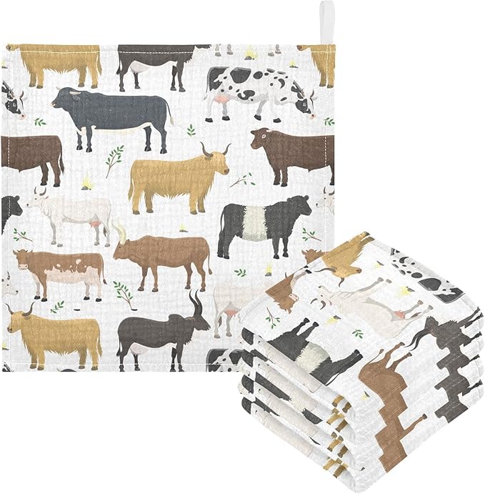 Baby Washcloths Cotton Bulls Cows Cattle Baby Muslin Washcloths Soft Baby Face Towel for Newborn Infants Baby Wipes, 11.8 X 11.8 Inch, 3 Pack White