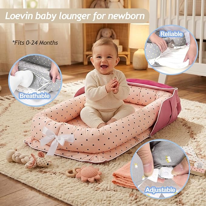 Baby Lounger for Newborn Portable Bag,Baby Nest Play Gym mat with Strap,Newborn Lounger Adjustable Size & Inner Zipper Lengthen Space to 24 Months(Pink Polka Dots)