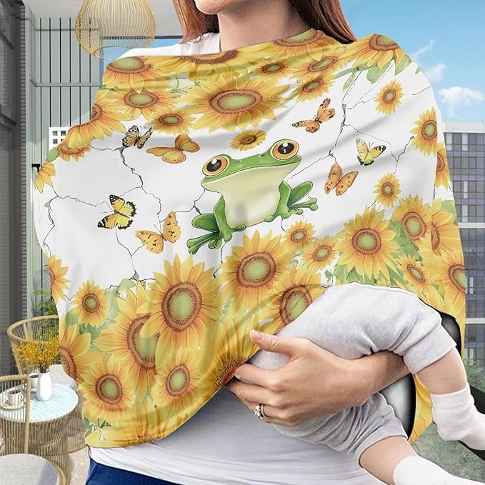 AFPANQZ Sunflower Frog Nursing Cover Breastfeeding Scarf Baby Car Seat Covers Infant Stroller Cover Carseat Canopy for Girls and Boys Lightweight Breathable for Outdoor Walking Traveling