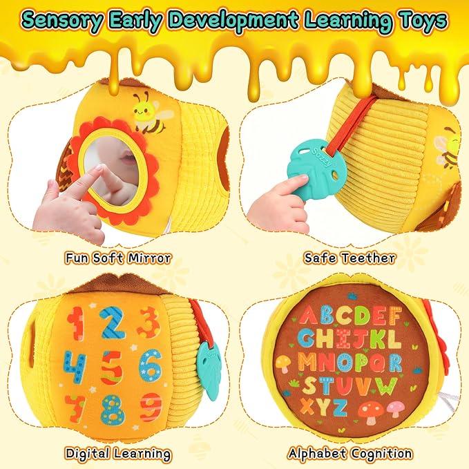 Baby Toys 6-12 Months - Soft Honey Jar with 6 Sensory Insect Stuffed Animals Montessori Plush Toys W/Rattle, Crinkle Paper, Mirror for Toddlers 1 2 3 Year Motor Skills Developmental