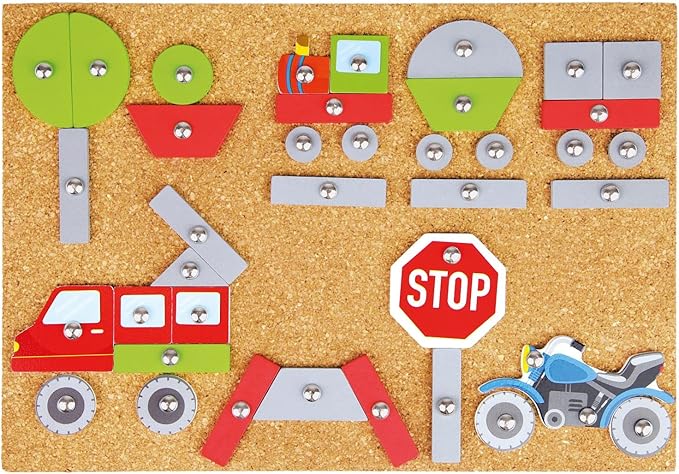 Lena 65826 Vehicles, 64 Coloured Parts in Different Shapes, Cork Base Plate, Approx. 28 x 19.5 x 1.4 cm, Nails, Hammer Game for Children from 3 Years