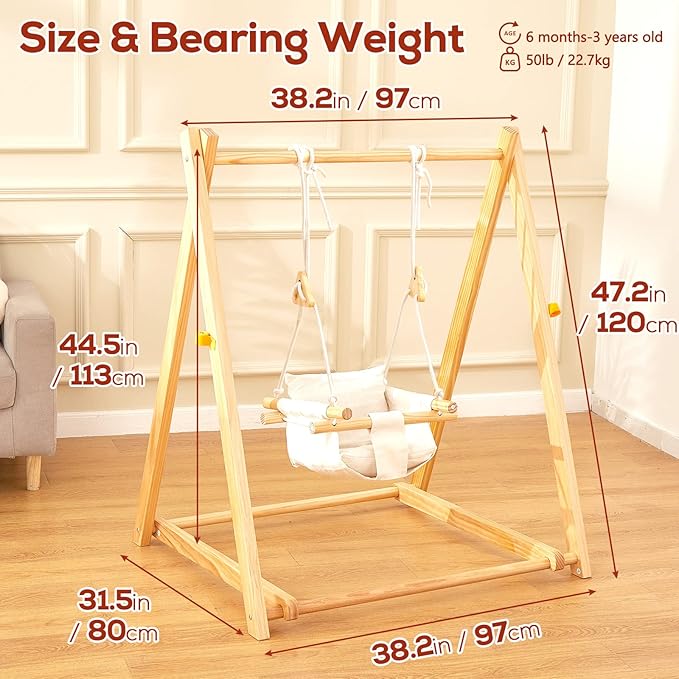 FUNLIO Montessori Wooden Swing Set for Toddlers 6-36 Months, Foldable Indoor Baby Swing Set of Durable Pine, Portable with 4 Sandbags &Extension Straps, Toddler Swing for Indoor/Outdoor