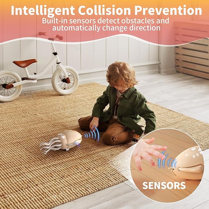 Interactive Dancing Octopus Toy,LED Light-Up Music Crawling Squid with Smart Obstacle Avoidance & Fishing Rod,Tummy Time Baby Toy,Musical Toy for 3 4 5 6 Year Old Boys and Girls(Off-White)