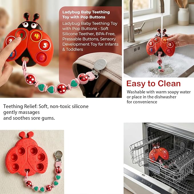 BIGSPINACH Teething Toy & Pacifier Clip Set,Ladybug Pop-It Teether & Pacifier Hold,Multi-Textured Chew Toy with Number Buttons for Early Learning, Baby Teething Relief (Red+Pink)