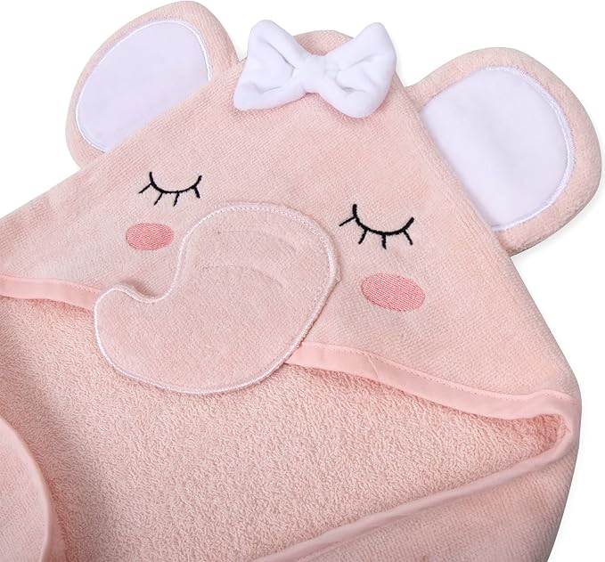 Baby Animal Hooded Towel and Washcloth Set for Newborns, Infants, Toddlers Boys and Girls 3-24 Months (Delicate Pink Elephant)
