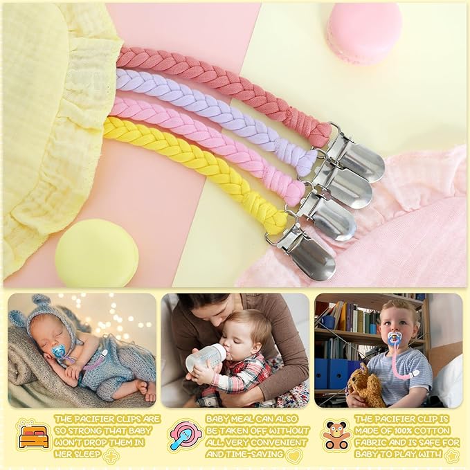 4 Pcs Pacifier Clip, Pacifier Clips for Boys & Baby Girls Pacifier Holder Clip Binky Clips Braided 100% Handmade Fits All Pacifiers(Yellow, 4 Pack)