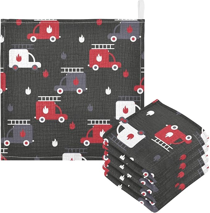 vvfelixl Baby Muslin Washcloths, Firefighters Fire Trucks Baby Burp Cloths, Cotton Baby Face Towel for Newborn Infants Boys Girls Soft and Absorbent 11.8 X 11.8 in, 3 Pack Black