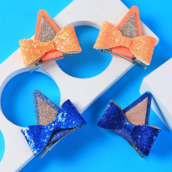 2 Pairs Dog Ears Hair Bow Clips for Toddler Kids Glitter Bows Halloween Costume Accessories Animal Cosplay Birthday Party Supplies Blue Orange