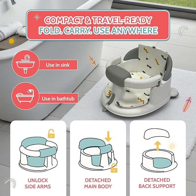 BEBECAN Non-Slip Baby Bath Seats 6-12 Months, Toddler Bathtub Chair with Washable Cusion, Cap Brush & Shower Mug, Infant Chair Comfortable Baby Bath Support for Safe Bathing & Sit Up Bathtub Support