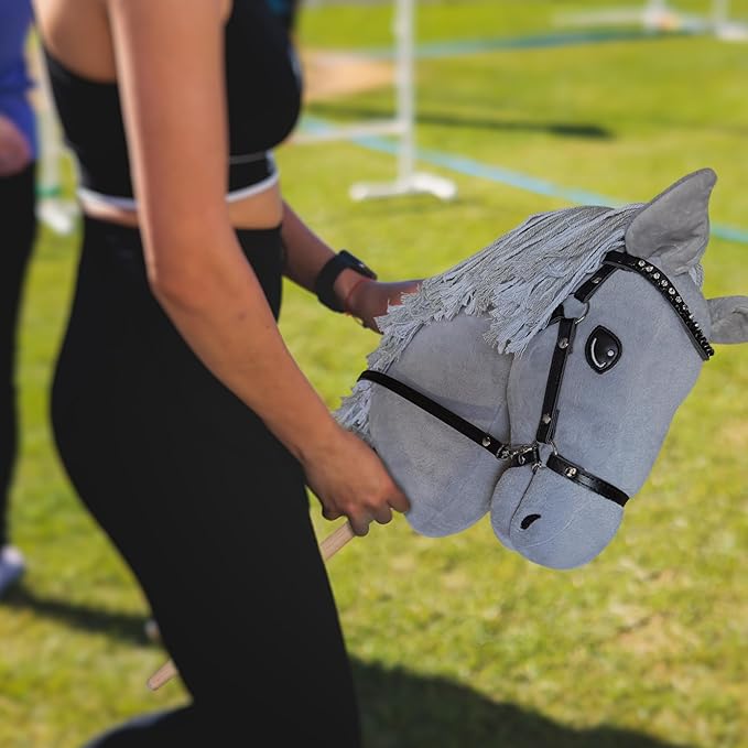Playful Minds Large Hobby Horse for Kids and Adults – Show Quality with Rhinestone Studded Bridle, Removable Reins, and Long Mane – Plush Handmade Tournament Stick Horse, Grey