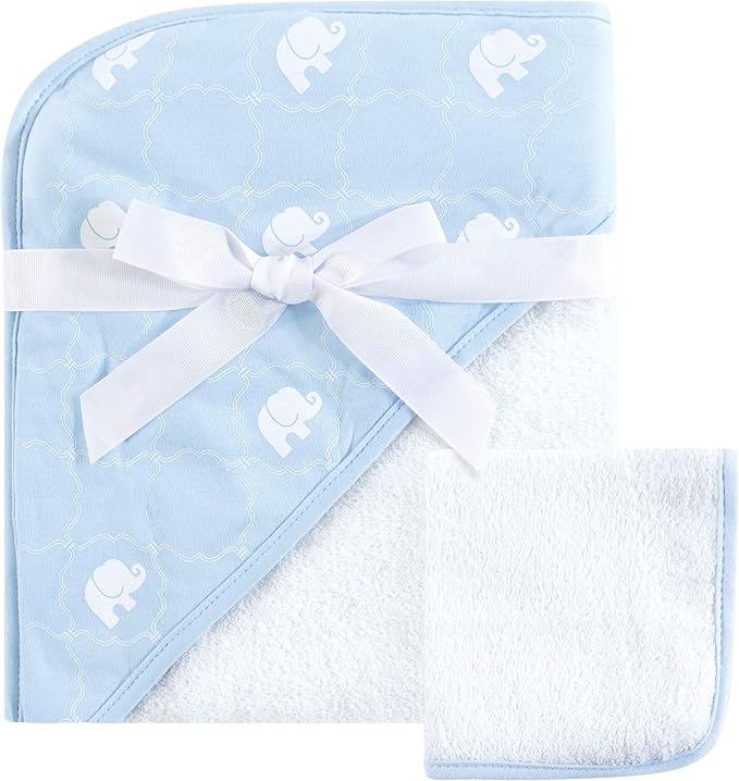 Hudson Baby Unisex Baby Cotton Hooded Towel and Washcloth, Blue Elephant, One Size