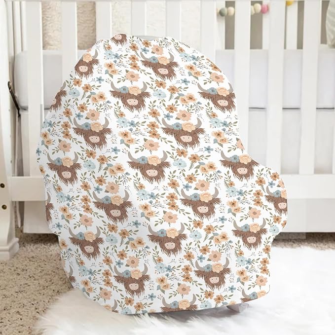 5-in-1 Unisex Western Farm Cow Flowers Pattern Baby Carseat Stroller Cover for Boys Girls, Highland Cow Floral Infant Toddler Privacy Nursing Breastfeeding Canopy, Grocery Shopping Cart Cover-24x28